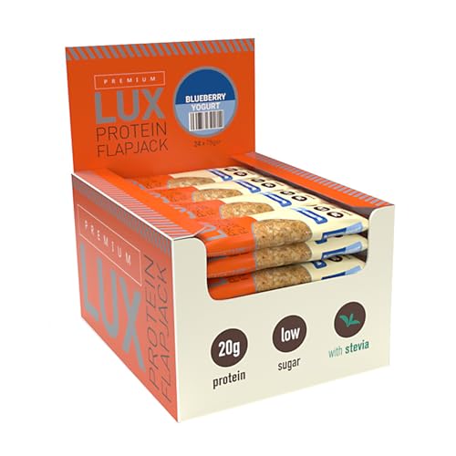 Premium LUX Protein Flapjack Bars – High Protein, Low Sugar Snack – Bodybuilding Warehouse – Blueberry Yogurt (24 x 75g)