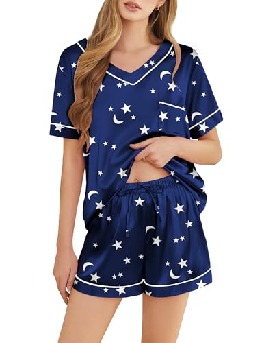 Image of Silk Pajamas for Women Short Sleeve Satin 2 Piece Pj Set Soft V Neck Sleepwear Loungewear, S-XXL