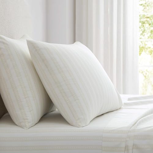 Image of Martha Stewart - Full Size Sheets Set, Crisp & Tailored Cooling Sheets with a Smooth Cotton Percale Lightweight Feel - Bed Sheets with Matching Pillowcases & Fitted Sheet (Francesca Stripe Beige)