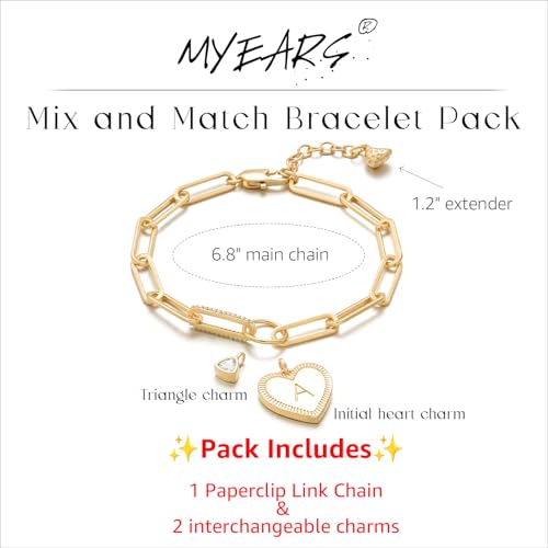 Image of MYEARS Valentines Day Gifts for Women - Gold Initial Bracelets for Women Trendy 14K Gold Plated Heart Letter A-Z Charm Bracelets Paperclip Chain Personalized Jewelry Birthday Gifts for Her