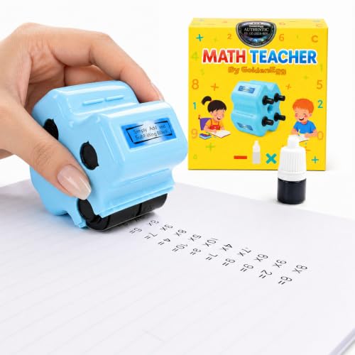 Image of GoldenEgg Math Teacher 4-in-1 Math Roller Stamp, Addition, Subtraction, Multiplication & Fill-in-The-Blank Practice Tool for Kids, Classroom & Home Use (Blue)