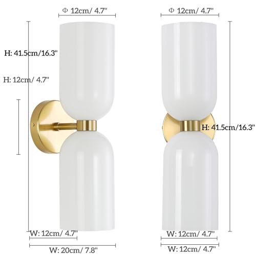 Image of EFINEHOME Minimalist 2-Light Gold Wall Sconces with Cylinder Glass Shades- Mid Century Vanity Wall Double Lights Hardwired- Modern Indoor Glass Wall Mounted Art Decor Lights (Milky White, 1 Pack)