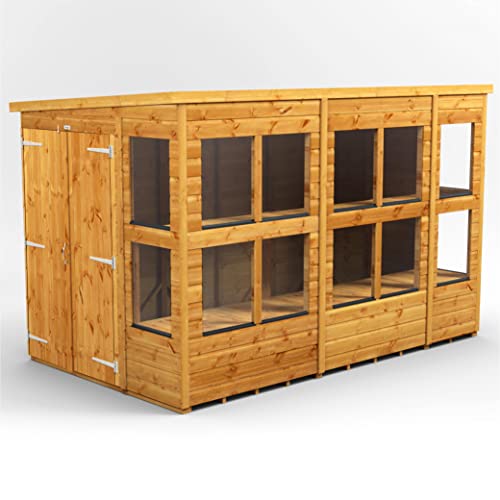 Powersheds High Grade Premium Pent Potting Wooden Greenhouse Shed with Security Features, Double Doors, PVC Window sills, Door & Window Flexibility, made from 12 mm Extra Thick Timber