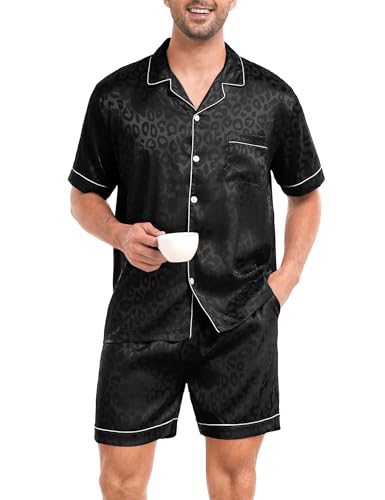 Image of SWOMOG Men Silk Pajama Set Short Sleeve Satin PJs Sets 2 Piece Button Down Sleepwear Soft Summer Loungewear with Pockets