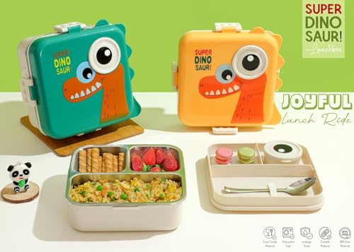 Image of PRIME DEALS BPA-Free Leak-Resistant Stainless Steel Insulated Tiffin for School with Spoon Dinosaur Lunch Box for Kids Bento Box with Tray & Container | 1120ml + 70ml (Yellow, Dinosaur)
