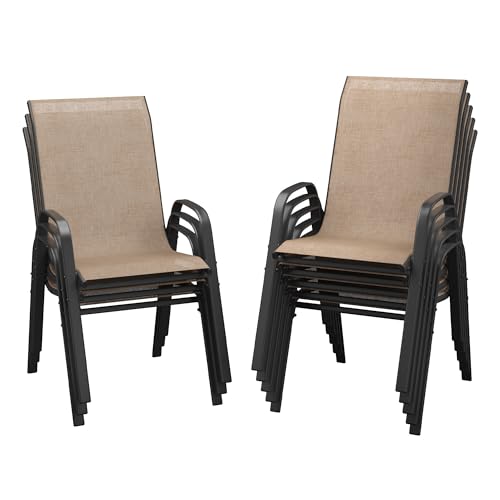 Image of DIFY Patio Chairs Set of 8, Stackable Outdoor Dining Chairs Set with Breathable Textilene High Back and All-Weather Metal Frame for Garden, Backyard, Deck, Brwon
