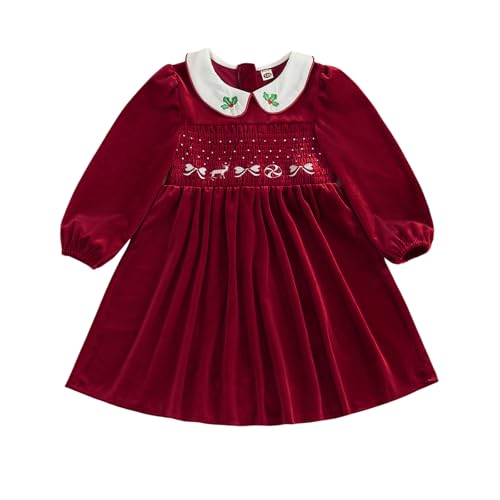 Little Kids Toddler Baby Girl Christmas Dress Velvet Smocked Long Sleeve Peter Pan Collar Dress Winter Party Dresses