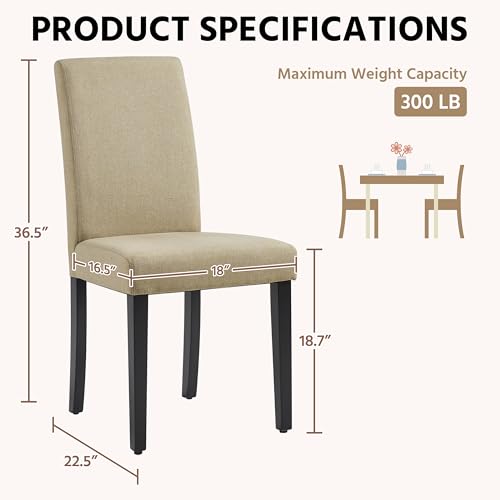 Image of Yaheetech Dining Chairs Set of 2 Fabric Upholstered Parson Kitchen Chairs with Padded Seat and Solid Wood Legs for Dining Room /Restaurant, Khaki