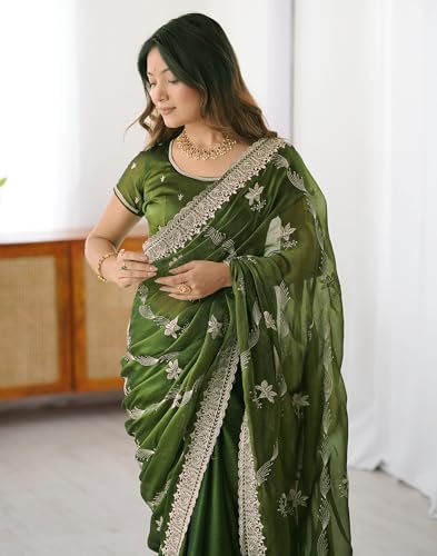 Image of SIRIL Women's Chiffon Scalloped Border Sequins Embroidery Saree with Unstitched Blouse Piece