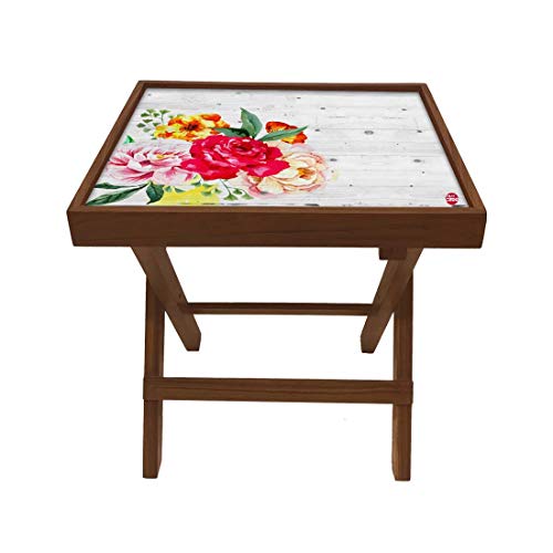 Image of Nutcase Designer Teak Wood Side Table Folding Wooden Bedside Coffee Outdoor Picnic Table - Vintage Wood Florals