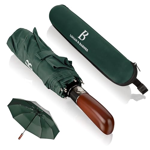 LOGAN & BARNES Regenschirm sturmfest bis 140 km/h - Taschenschirm mit echtem Holzgriff und zertifizierter Teflon-Beschichtung gegen Feuchtigkeitsschäden Modell Dublin