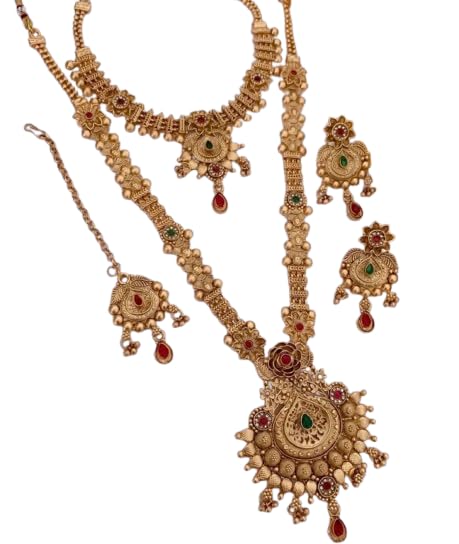 Image of Gold Plated Stone Studded Traditional Jewellery Set | Choker & Long Necklace with Earrings and Maang Tikka | Red & Green Stones
