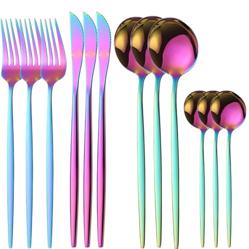 Image of 12 pcs Flatware Set, Rainbow Silverware Set for 3, Knife Fork Spoon, Stainless Steel Home Dinnerware Tableware,Mixed Cutlery Set Eating Utensils for Restaurants (12 Pcs Rainbow)