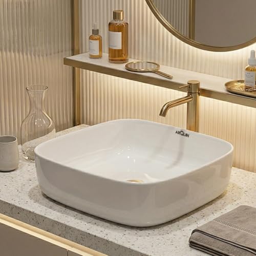 Image of ARQUIN ARQUIN Wash Basin for Bathroom Table Top Washbasin, Countertop Basin | Ceramic Washbasin Bathroom,Hotel | Living Room | Office Vanity Wash Basin (16.34x16.34x4.53 Inch)