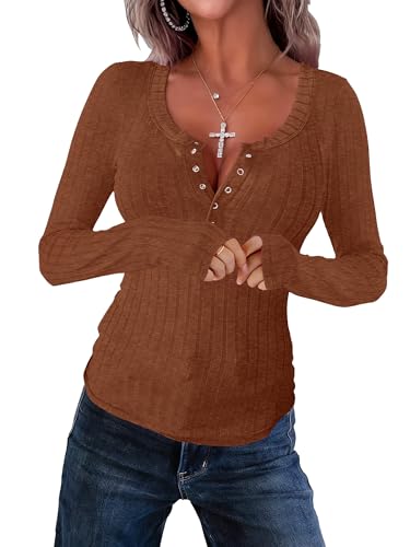 Image of APOFER Women's Long Sleeve Tunics Lightweight Ribbed Knit Blouse Scoop Neck Tops Snap Button Slim Fit Casual Henley Shirt