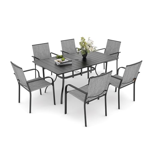 Image of Anmutig 7-Piece Outdoor Dining Set, Powder Coated Steel Table with 6 Stackable Chairs and Rectangular Table, Grey Fabric