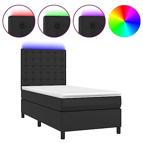 vidaXL Boxspringbett mit Matratze LED Kunstlederbett Polsterbett Einzelbett Bett Schlafzimmerbett Bettgestell Bettrahmen Lattenrost Hotelbett Schwarz 100x200cm