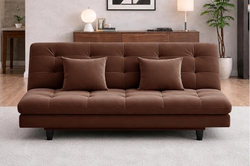 Image of Rosebell Modern Three-Seater Sofa Cum Bed Foldable Velevt Fabric Sofa Stylish Design for Living Room, Guest Room & Office-Brown