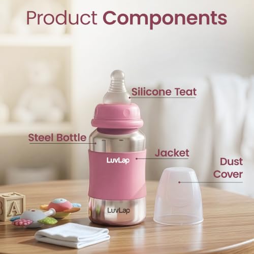 Image of LuvLap Baby Steel Feeding Bottle 140ml, Made of SS304 Rust Free Steel, Baby Milk /Water Bottle with Dust Cover, Heat Protective Silicone Cover, BPA Free, Odour Free, Leak Proof, Pink, 0M+