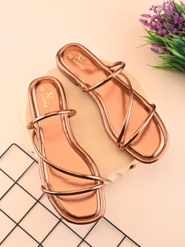 Image of XE Looks Women's Metallic Strappy Flat Sandals with Square Toe | Cushioned Footbed | Comfortable Lightweight Stylish Slip-On Open Toe Flats for Girls & Women