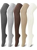 Jansun 5 Pairs Women Cotton Knit Boot Socks Thigh High Knee High Stockings Knit Long Over the Knee Socks Knee High Sock Leg Warmers Free Size Gifts