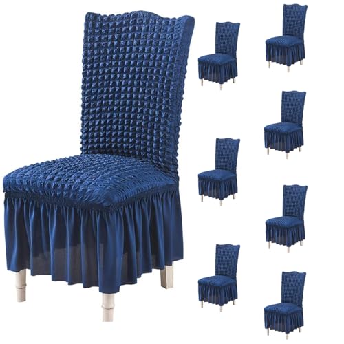 Image of House of Quirk Turkish Bubble Frill Chair Cover Stretch Removable Washable Short Dining Chair Cover Protector Seat Slipcover (Navy, Pack of 8)
