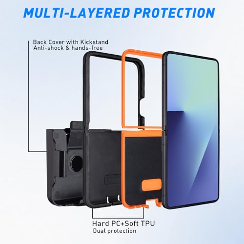 Image of for Galaxy Z Flip 7 Case with Belt Clip, 2 Layers of Sturdy, Heavy Duty Military Grade Protective Phone Case for Samsung Flip 7, Black & Orange
