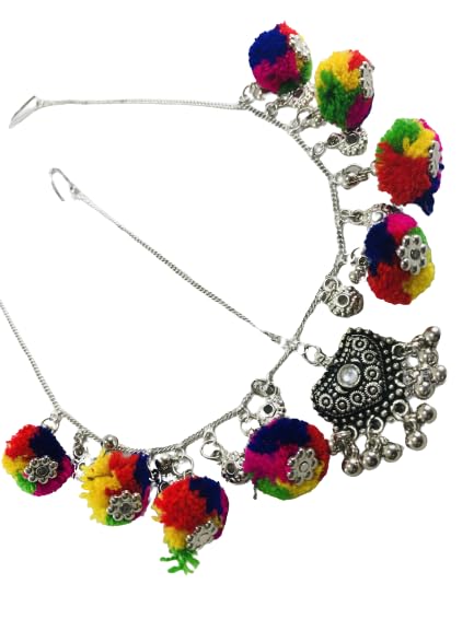 THE OPAL FACTORY Garba Navratri Jewellery Sets for Women German Silver Oxidised Borla/Mathapatti Tikka for Women and Girls (TOF Single Layer Chain Pom Pom Damini) (B0CJF34RWF) Amazon Price History, Amazon Price Tracker