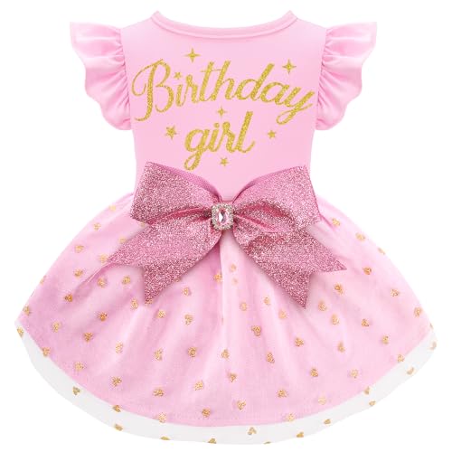 BAOBICUTE Dog Birthday Girl Dress Ruffle Dog Dress with Sparkly Pink Bowknot Tulle Birthday Princess Pet Clothes for Small Medium Large Dogs Girls Boys Cats Outfit Apparel