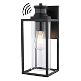 VAXCEL Textured Black Motion-Activated Dusk-to-Dawn Security Lantern for Entryway, Porch Outdoor Wall Light Fixture, Contemporary Style, LED Compatible