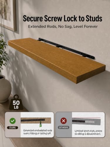 Image of ROGMARS 36 Inches Long Walnut Floating Shelves,Rustic Solid Wood Farmhouse Wall Shelves with Invisible Brackets for Bathroom, Living Room, Bedroom, Kitchen Set of 2