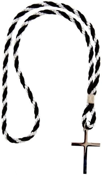 Premium Two Tone Black/Metallic Silver Clergy Cord With Cross