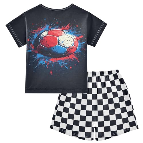 Checkerboard Plaid Soccer Ball Pajama Set Short Sleeve Summer Pajamas Sleepwear Nightwear Set Cotton 5Y2