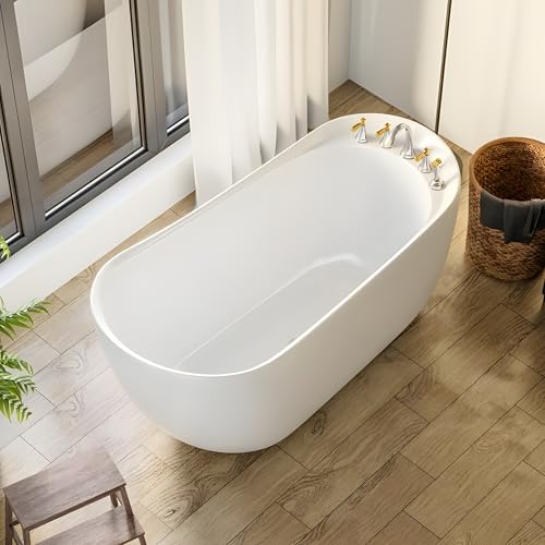 Image of MOON Freestanding Bathtub 150 cm - White Glossy Acrylic Soaking Tub with Hand Shower & Water Mixer, Overflow Drain, Brass Pop-Up Waste Coupling & Pipe, 6-Layer Reinforced