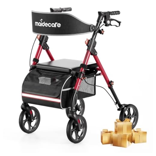 Rollator Walker with Seat and Wheels for Elderly, Folding 4 Wheels Rollators for Seniors and Disabled, Outdoor/Indoor Walker, 20cm All-Terrain Tires, 6-Level Height-Adjustable Handle, Aluminum, Ruby