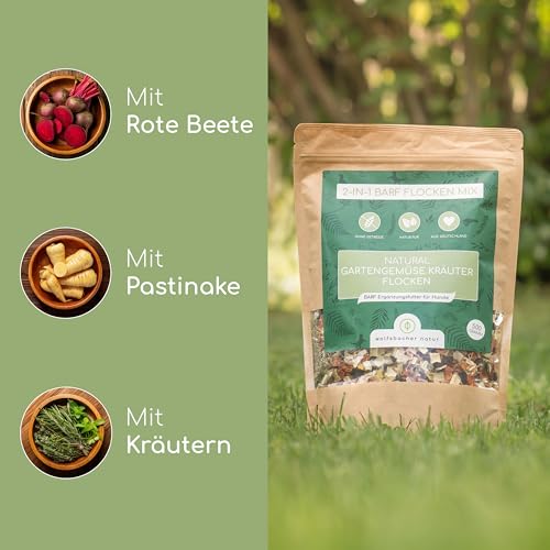 Barf Flocken Mix für Hunde – 100% Natürliche Gartengemüse und Kräuter, Getreidefrei, Unterstützt Verdauung und Gesundheit, 500g