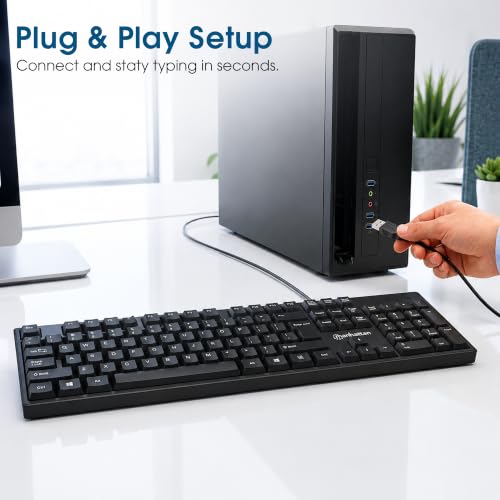 Image of Manhattan Wired Computer Keyboard - Basic Black Keyboard - with 4.5ft USB-A Cable, 104-keys, Foldable Stands - Compatible for Windows, PC, Laptop - 3 Yr Mfg Warranty - 179324
