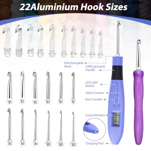 Image of BZVV Light Up Crochet Hook Set with Counter,Dual Handles and 22 Heads | Thickened reinforced connection, ergonomic backup handle, dedicated hook organizer, full-process tools and upgraded gift box