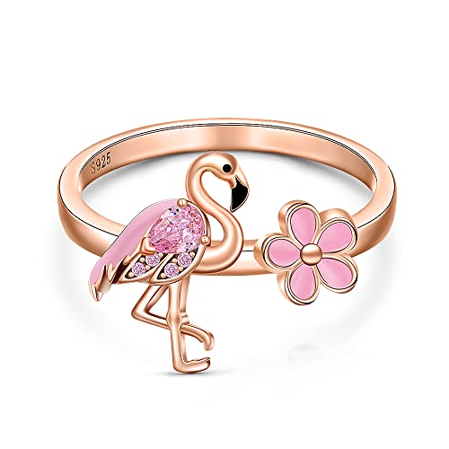 Flamingo Ring for women 925 Sterling Silver Pink Flamingo Rings for Women Rose Gold Engagement Wedding Flamingos Jewelry