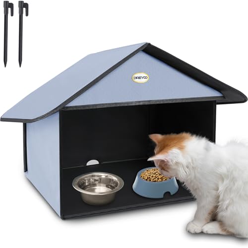 Dreyoo Outdoor Cat Feeding Station for Food & Water, Weatherproof Outdoor Kitty Dining Room Cat Shelter for Stray, Feral Cats and Community Cats, 13”d x 17”w x 15.5'h(1 Pack,Dusty Blue)