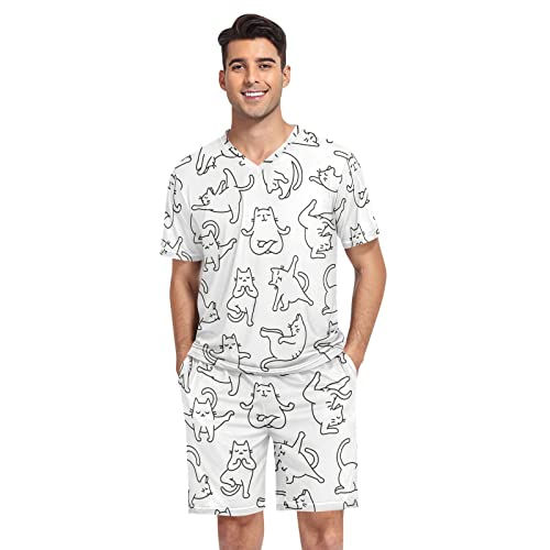 linqin Schlafanzug für Herren, kurz, Cartoon-Katzen-Design, Schlafanzug, Cartoon Doodle Cat, L