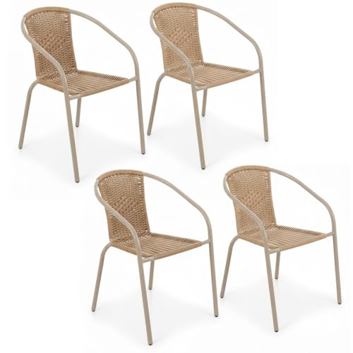 LOLAhome Pack 4 Sillas Jardín Exterior | Sillon Ratan Beige y Acero con epoxi Anticorrosión | Apilables | Cómodas y Resistentes | Balcón, Terraza o Jardín | Trivia