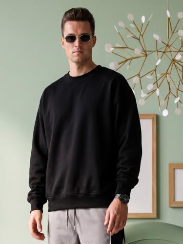 Image of Veirdo Cotton Poly Fleece Oversized Fit Full Sleeves Ribbed Solid Crew Neck Sweatshirt for Men