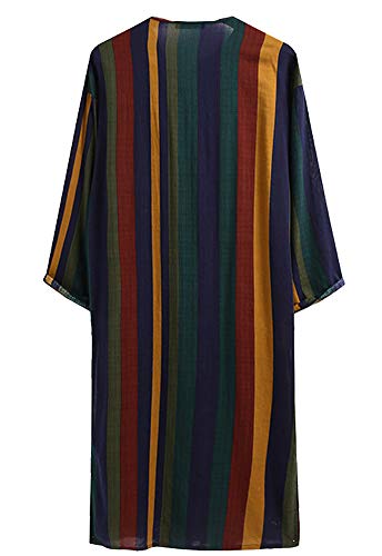Hotmiss Men's Striped Robe Button Up Long Sleeve Kaftan Thobe Splits Long Gown Casual Shirt4