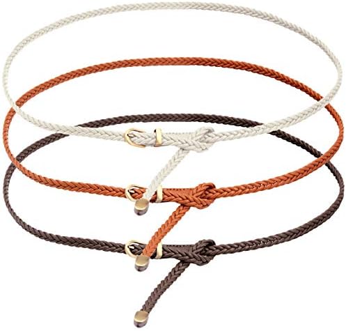 Ayliss Braided Belt Women PU Leather Waist Belt Skinny Woven Belt for Dress/Jeans (White+Khaki+Brown(3pcs))