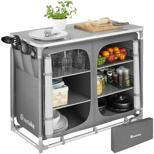 tectake® Meuble de Rangement Cuisine de Camping Luxueuse Pliable en Aluminium, avec 6 Étagères, Plan de Travail, Pieds réglables, Sac de Transport Inclus,...