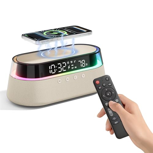 Image of 6-in-1 Bluetooth Speaker Alarm Clock with Remote, 15W Fast Wireless Charger, FM Radio & Dimmable LED Night Light, Dual Digital Clock for Bedroom Home Office, Ideal Gifts for Him, Men Women