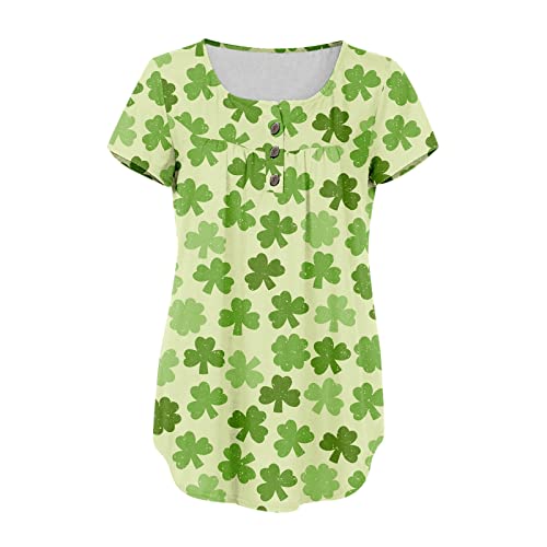 Happy St. Patrick's Day Shirts For Womens, Ladies Green O-Neck Jumper Short Sleeves Blouse 2022 Summer Casual Short Sleeve Henley Tops Trendy Button Xmas Gift Blouse For Christmas #TOP1
