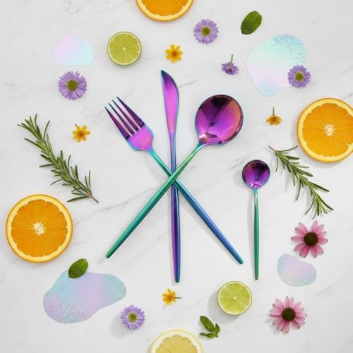 Image of 12 Pcs Rainbow Slim Handle Stainless Steel Cutlery Set for Dining Table with Spoons and Forks Set + Butterknives - The Perfect Tableware /Flatware
