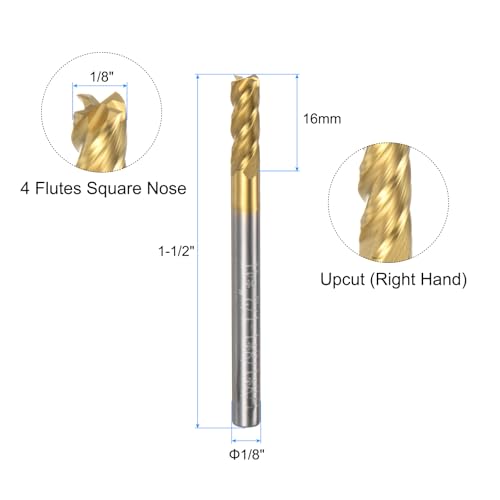 Image of uxcell Carbide Square End Mill, 1 /8 inch Diameter TiSiN Coated 4 Flutes Milling Bit Cutter, for Hardened Steel Stainless Steel Cast Iron, 1 /8 inch Shank 3 /8 inch Cut Length 1-1 /2 inch Long HRC55